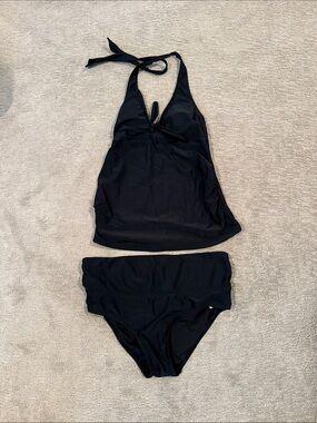 Women’s Black Maternity Halter Tankini with Fold-Over Brief